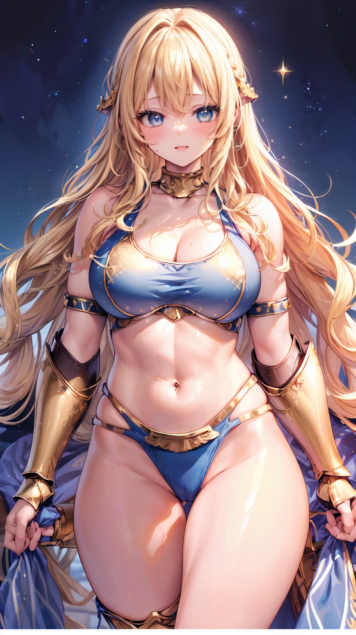 Very detailed、highest quality、Best image quality、masterpiece、8k、Anime Face、A kind smile、Open your mouth、Sparkling blue eyes、(Blonde wavy hair:1.5)、、Muscles of the whole body、camisole、Thigh belt、mini skirt、(Wearing gold bikini armor:1.5)、(Cowboy Shot:1.5)、(Leg armor:1.5)