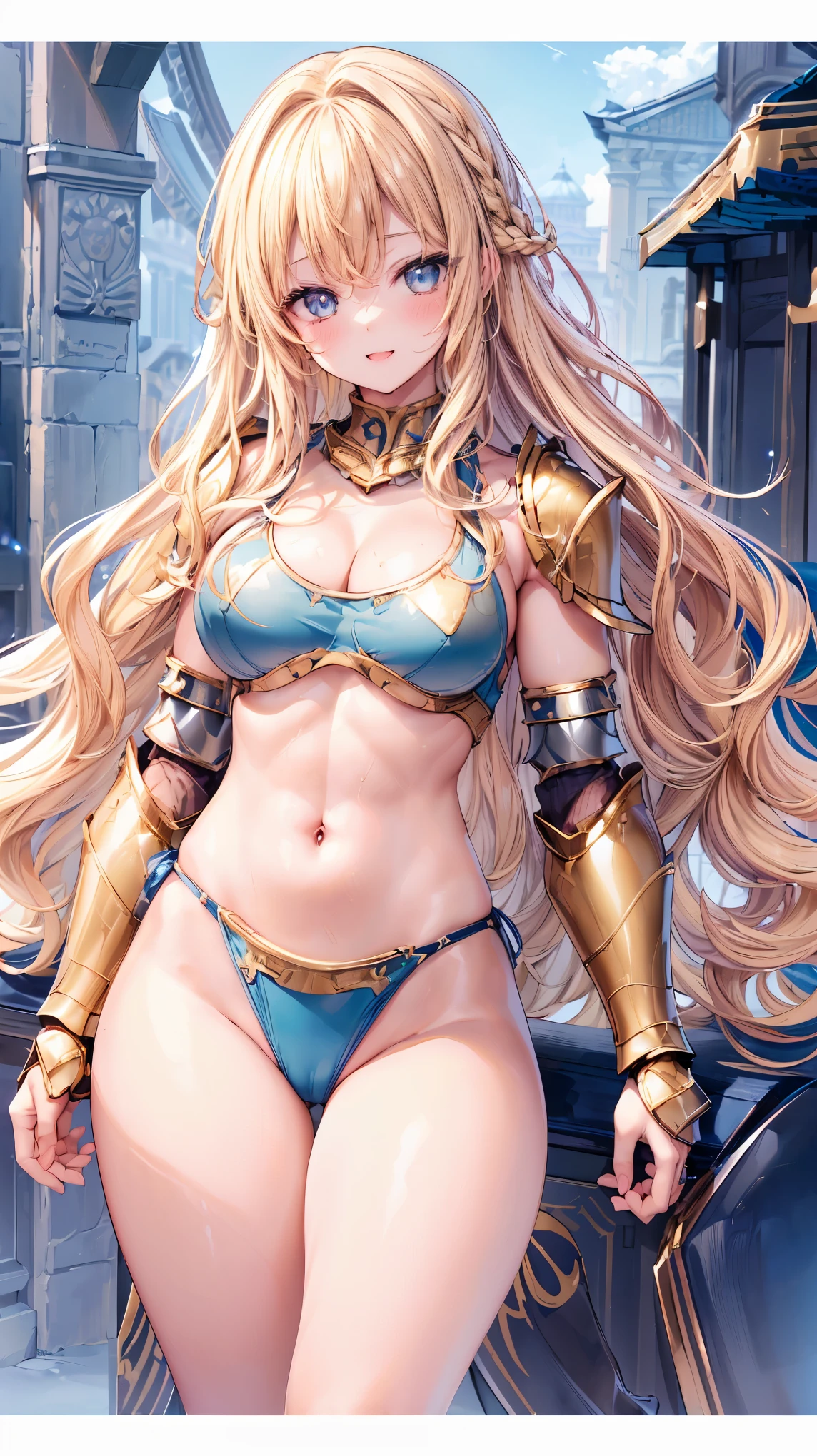 Very detailed、highest quality、Best image quality、masterpiece、8k、Anime Face、A kind smile、Open your mouth、Sparkling blue eyes、(Blonde wavy hair:1.5)、、Muscles of the whole body、camisole、Thigh belt、mini skirt、(Wearing gold bikini armor:1.5)、(Cowboy Shot:1.5)、(Leg armor:1.5)