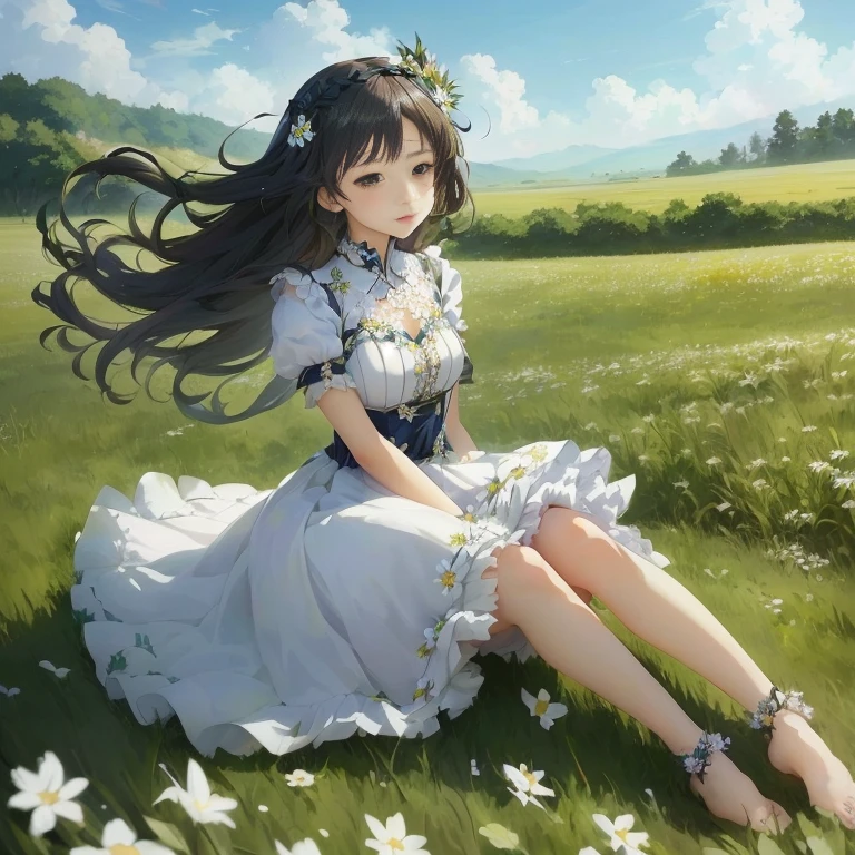 Anime girl wearing a flower crown sitting in a field of daisies, Smooth anime CG art, Beautiful Anime, Cute girl anime visuals, beautiful Anime Art, Beautiful Anime girl, Beautiful fantasy anime, In a dress, beautiful Anime Artwork, Gweitz on pixiv artstation, Anime Art, Official Art, Cute anime waifu in a nice dress, Gweitz