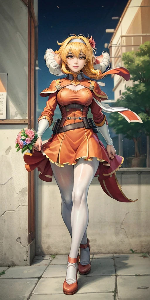 ((Roxanne)) ((woman dressed holding flowers and flowers near a store window)) 1girl, flower, solo (dog fluffy ears) [[orange hair]] pantyhose, bouquet, looking at viewer, black hairband, yellow eyes, dress, hair flower, holding a bouquet, standing, short sleeves, white footwear,(dress color:white, pink:1.4) yellow flower, selling flowers, scenery, night time, wall lamp, smile, pink flowers, blue flowers, cowboy shot, large breasts, small ribbon on flower as tie ((scenery)),(((scenery))),windy,(windy:1.3),(scenery),((scenery)),(((scenery)))