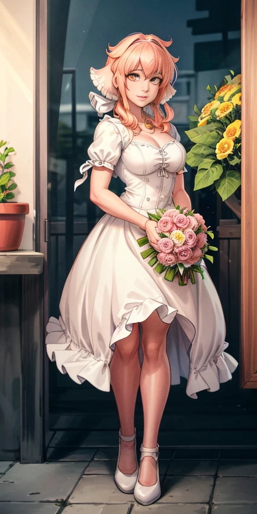 ((Roxanne)) ((woman dressed holding flowers and flowers near a store window)) 1girl, flower, solo (dog fluffy ears) [[orange hair]] pantyhose, bouquet, looking at viewer, black hairband, yellow eyes, dress, hair flower, holding a bouquet, standing, short sleeves, white footwear,(dress color:white, pink:1.4) yellow flower, selling flowers, scenery, night time, wall lamp, smile, pink flowers, blue flowers, cowboy shot, large breasts, small ribbon on flower as tie ((scenery)),(((scenery))),windy,(windy:1.3),(scenery),((scenery)),(((scenery)))