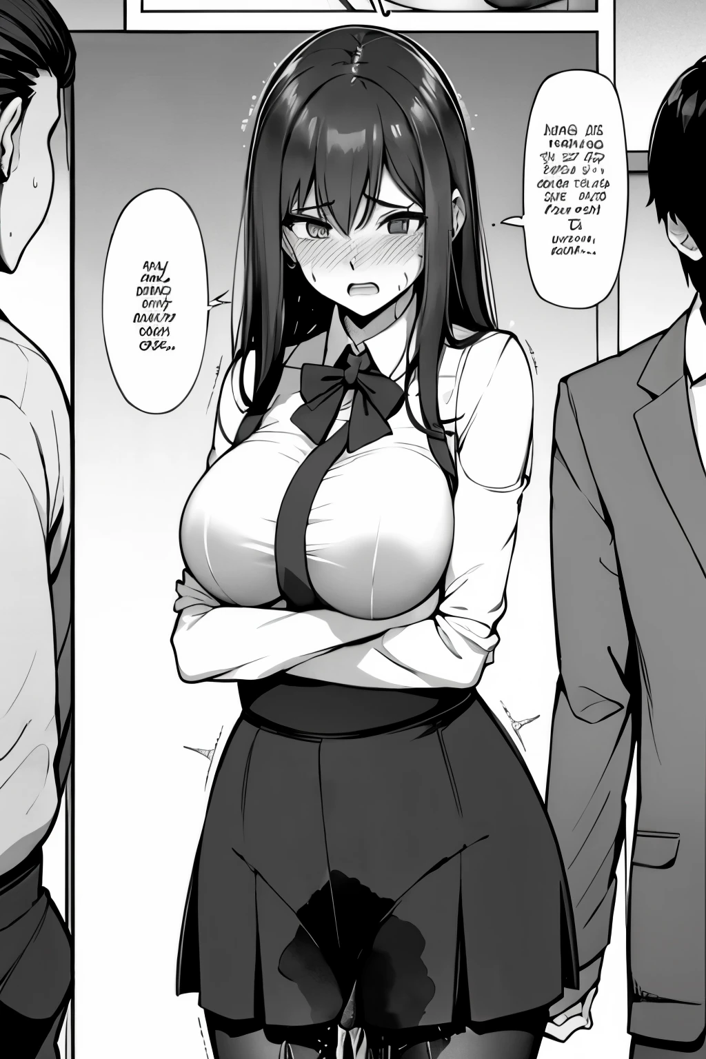 A woman with long black hair, wearing a business outfit consisting of a suit, pencil skirt, and pantyhose, stands in a monochrome setting. The artwork is inspired by manga and incorporates a doujin style. The woman appears to be (wetting herself:1.5), which causes her to feel embarrassed and humiliated, resulting in a blush on her face. In addition, there is an air of anger in her expression. The lighting in the scene is moody, with a spotlight highlighting the woman's figure. She is crossing her arms, (arms crossed:1.5), fully showcasing her skirt., medium breasts