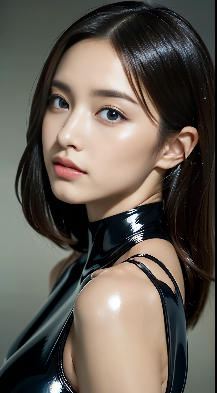 (((32K,very high res, high detailing, highly accurate,Masterpiece Girl 1))),Raw photo & realistic atmosphere,beautiful dark blue eyes,Detailed mouth,Glossy lips,Detailed eyebrows,Soft white skin that shines with every detail,,Eyes drawn in detail、Very beautiful eyes with azure eyes,Detailed lips、Very beautiful face,Very well-formed face、Lifelike face,shiny beautiful lips,Beautiful eyebrows,Infinite reality,Best design, ((Latex Bodysuit Red))