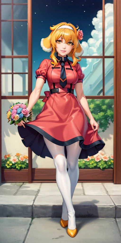 ((Roxanne)) ((woman dressed holding flowers and flowers near a store window)) 1girl, flower, solo (dog fluffy ears) [[orange hair]] pantyhose, bouquet, looking at viewer, black hairband, yellow eyes, dress, hair flower, holding a bouquet, standing, short sleeves, white footwear,(dress color:white, pink:1.4) yellow flower, selling flowers, scenery, night time, wall lamp, smile, pink flowers, blue flowers, cowboy shot, large breasts, small ribbon on flower as tie ((scenery)),(((scenery))),windy,(windy:1.3),(scenery),((scenery)),(((scenery)))