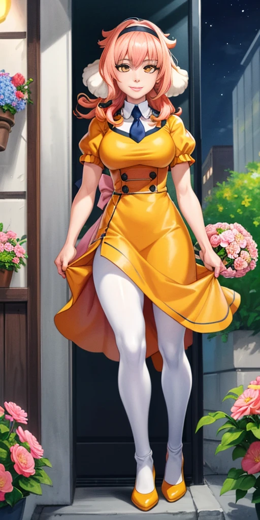 ((Roxanne)) ((woman dressed holding flowers and flowers near a store window)) 1girl, flower, solo (dog fluffy ears) [[orange hair]] pantyhose, bouquet, looking at viewer, black hairband, yellow eyes, dress, hair flower, holding a bouquet, standing, short sleeves, white footwear,(dress color:white, pink:1.4) yellow flower, selling flowers, scenery, night time, wall lamp, smile, pink flowers, blue flowers, cowboy shot, large breasts, small ribbon on flower as tie ((scenery)),(((scenery))),windy,(windy:1.3),(scenery),((scenery)),(((scenery)))