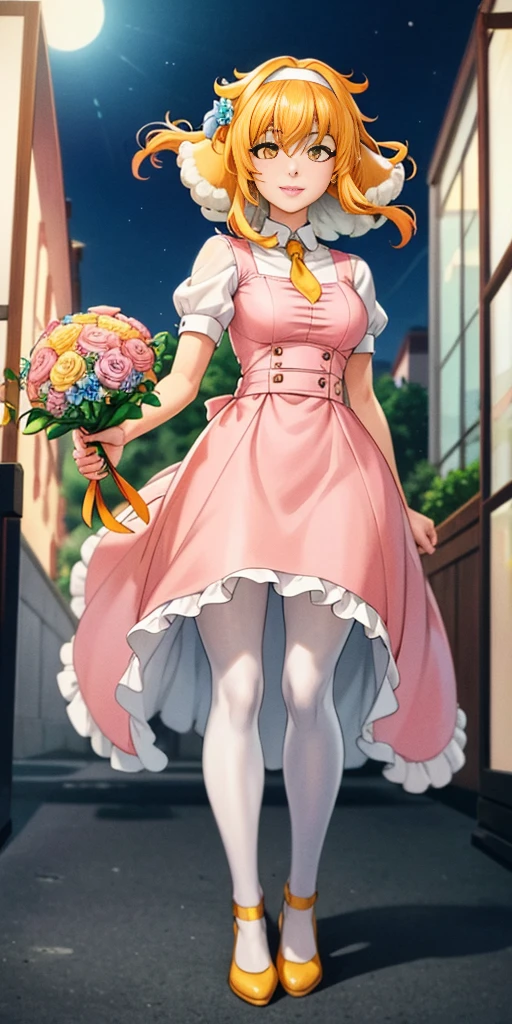 ((Roxanne)) ((woman dressed holding flowers and flowers near a store window)) 1girl, flower, solo (dog fluffy ears) [[orange hair]] pantyhose, bouquet, looking at viewer, black hairband, yellow eyes, dress, hair flower, holding a bouquet, standing, short sleeves, white footwear,(dress color:white, pink:1.4) yellow flower, selling flowers, scenery, night time, wall lamp, smile, pink flowers, blue flowers, cowboy shot, large breasts, small ribbon on flower as tie ((scenery)),(((scenery))),windy,(windy:1.3),(scenery),((scenery)),(((scenery)))