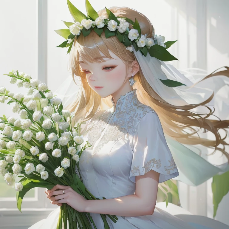 there is a woman in a wedding dress holding a bouquet of flowers, guweiz, artwork in the style of guweiz, guweiz on pixiv artstation, guweiz on artstation pixiv, guweiz masterpiece, beautiful anime portrait, smooth anime cg art, digital art on pixiv, cute anime waifu in a nice dress