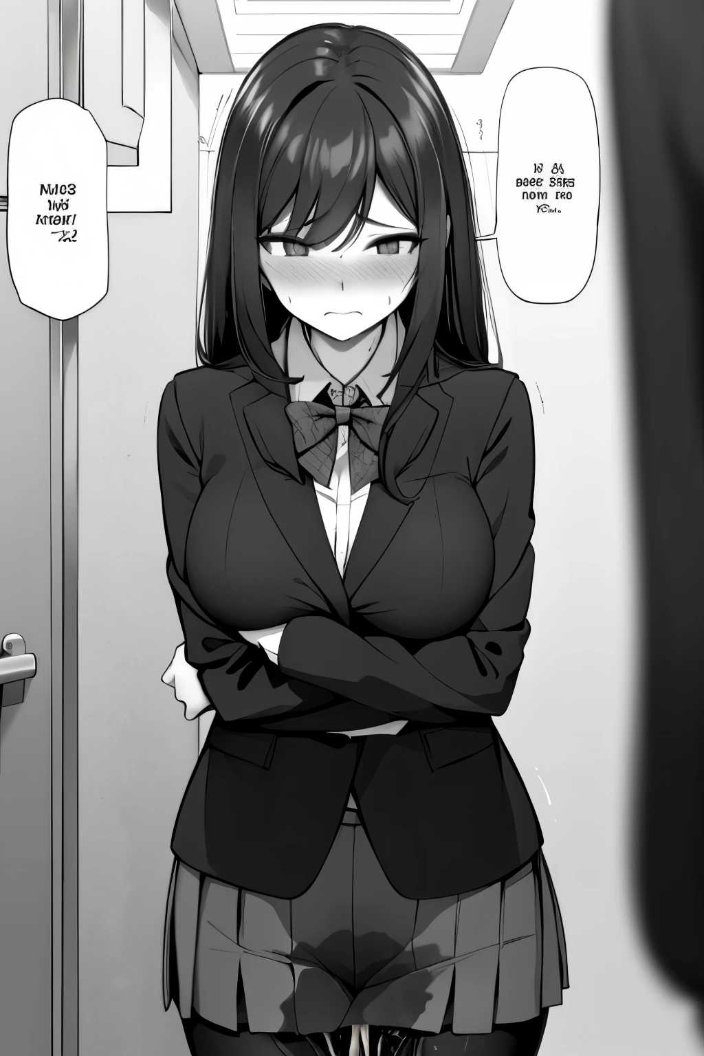 A woman with long black hair, wearing a business outfit consisting of a suit, pencil skirt, and pantyhose, stands in a monochrome setting. The artwork is inspired by manga and incorporates a doujin style. The woman appears to be (wetting herself:1.5), which causes her to feel embarrassed and humiliated, resulting in a blush on her face. In addition, there is an air of anger in her expression. The lighting in the scene is moody, with a spotlight highlighting the woman's figure. She is crossing her arms, (arms crossed:1.5), fully showcasing her skirt., medium breasts