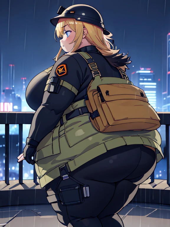 Massively obese orange tactical soldier girl, fat rolls, short dirty blond hair, (obese belly):1.5, (obese thighs):1.5, bbw, side view, wide hips, huge ass, ussbbw, (soldier helmet):1.2 extremely chubby,  BREAK cityscape, night, mud, rain,