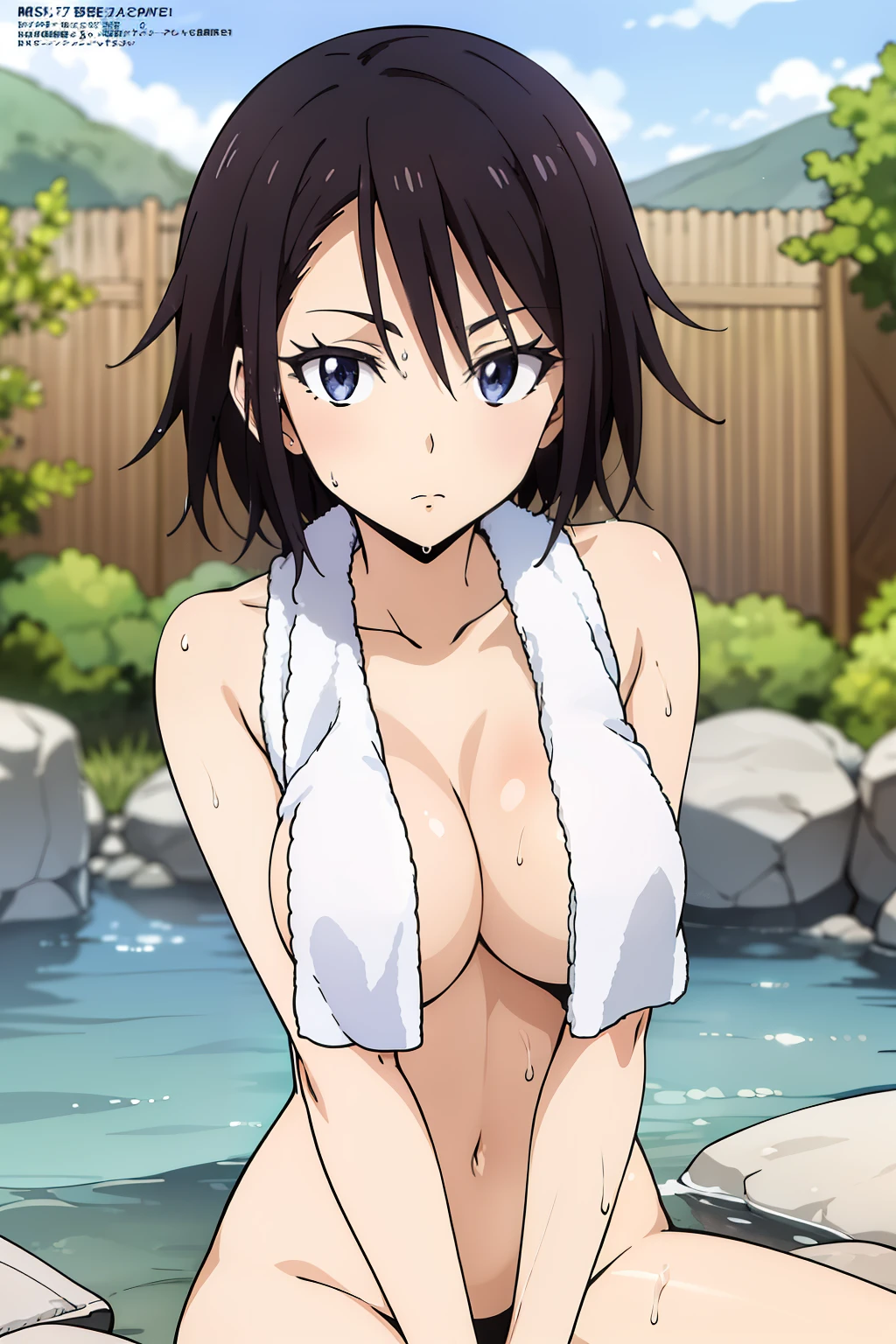 score_9, score_8_superior, score_7_superior, sauce_anime,
Sagiri Yamada Asaemon, Sagiriyamada Asaemon, Long Hair, Black Hair, ponytail, high ponytail, Brown eyes,
nude, nipples,  In the same way, sitting, 
in onsen, ~ side, blush, 
alone, Dutch Angle, View your viewers, Cowboy Shot, 