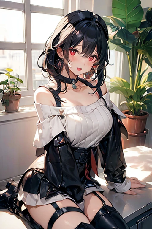 masterpiece, yor, 1girl, Amazing Cleavage:1.3, thin waist, big ass, Raised sexy, medium breast: 1.3 posed cleavage:1.2、solo, looking at viewer, open mouth, have a cup of coffee,black hair, red eyes, dress, bare shoulders, jewelry, collarbone, sidelocks, hairband, earrings, indoors, off shoulder, :o, sweater, arms behind back, plant, short hair with long locks, white hairband, off-shoulder dress, sweater dress, off-shoulder sweater, red sweater, big side hair, very long side hair,is rendered in (masterpiece: 1.2, best quality), with (ultra high resolution) and an exquisite (depth of field). This masterpiece is not only visually stunning but also tells, make of cooking some cakes ,in the kitchen,open mouth smile((leather thigh high boots))(garter belt),((black hair)),blush、surprised face,