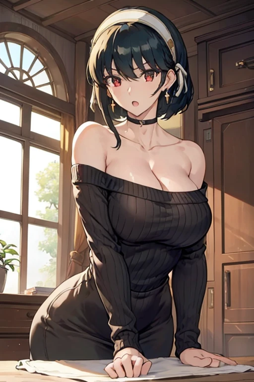 masterpiece, yor, 1girl, Amazing Cleavage:1.3, thin waist, big ass, Raised sexy, medium breast: 1.3 posed cleavage:1.2、solo, looking at viewer, open mouth, have a cup of coffee,black hair, red eyes, dress, bare shoulders, jewelry, collarbone, sidelocks, hairband, earrings, indoors, off shoulder, :o, sweater, arms behind back, plant, short hair with long locks, white hairband, off-shoulder dress, sweater dress, off-shoulder sweater, red sweater, big side hair, very long side hair,is rendered in (masterpiece: 1.2, best quality), with (ultra high resolution) and an exquisite (depth of field). This masterpiece is not only visually stunning but also tells, make of cooking some cakes ,in the kitchen