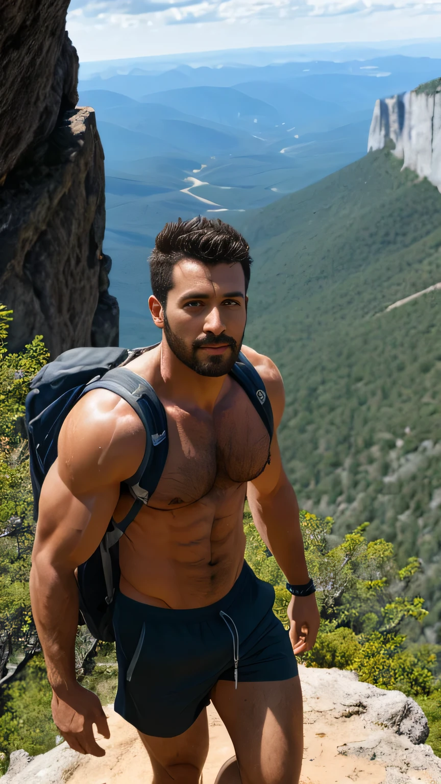 closeup portrait, male focus, a medium dark skin tone man, shirtless, sweaty hairy guy hiking, hiking and climbing, view from below, scruffy, interesting perspective, erotic pose, masculine face, wearing backpack, filthy, very hairy legs, hairy, half naked, bare chest, on top of a mountain, hiking trail, outdoors, view from below, volumetric lighting, heavy body weight, not muscular 