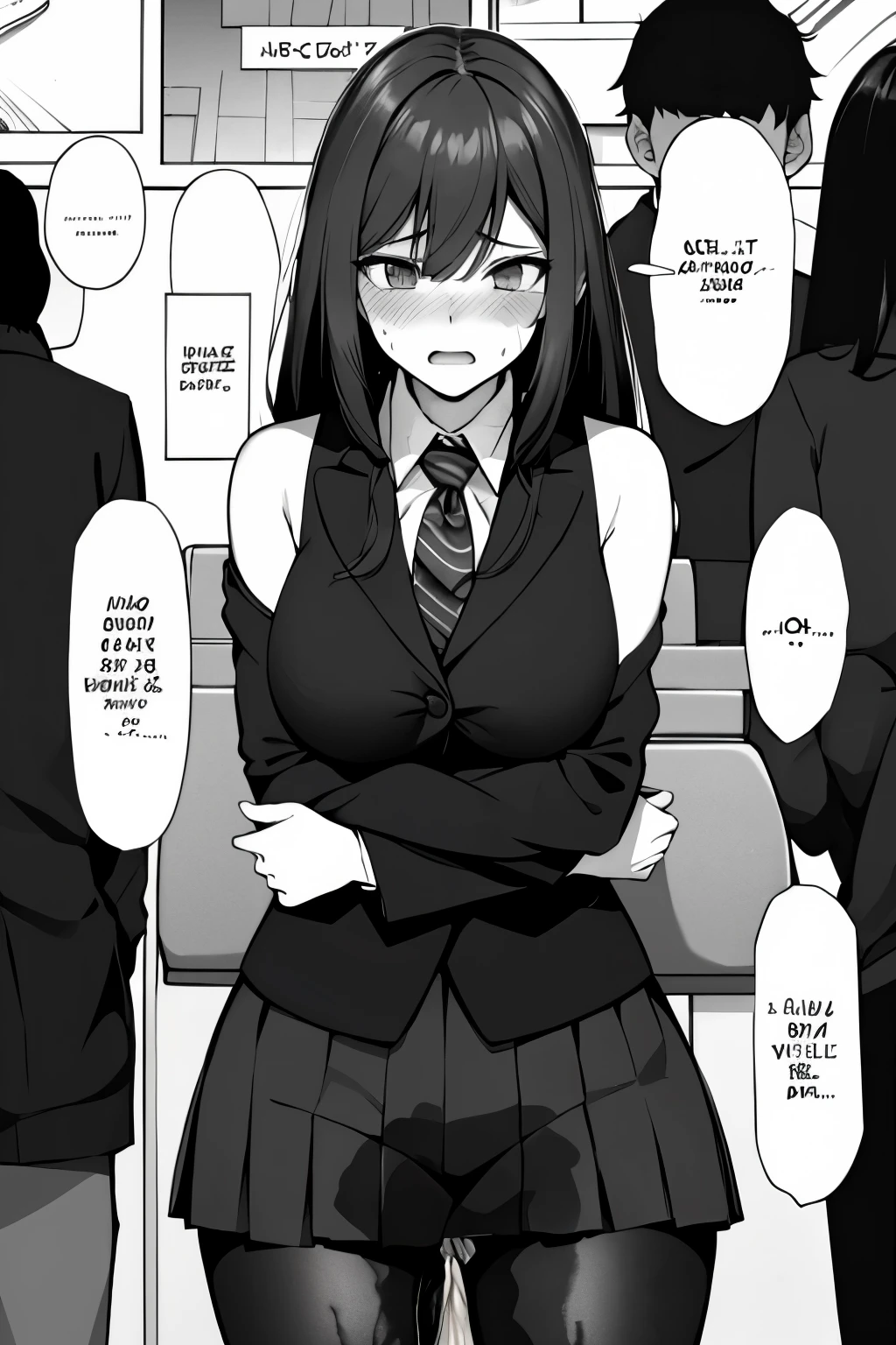 A woman with long black hair, wearing a business outfit consisting of a suit, pencil skirt, and pantyhose, stands in a monochrome setting. The artwork is inspired by manga and incorporates a doujin style. The woman appears to be (wetting herself:1.5), which causes her to feel embarrassed and humiliated, resulting in a blush on her face. In addition, there is an air of anger in her expression. The lighting in the scene is moody, with a spotlight highlighting the woman's figure. She is crossing her arms, (arms crossed:1.5), fully showcasing her skirt., medium breasts