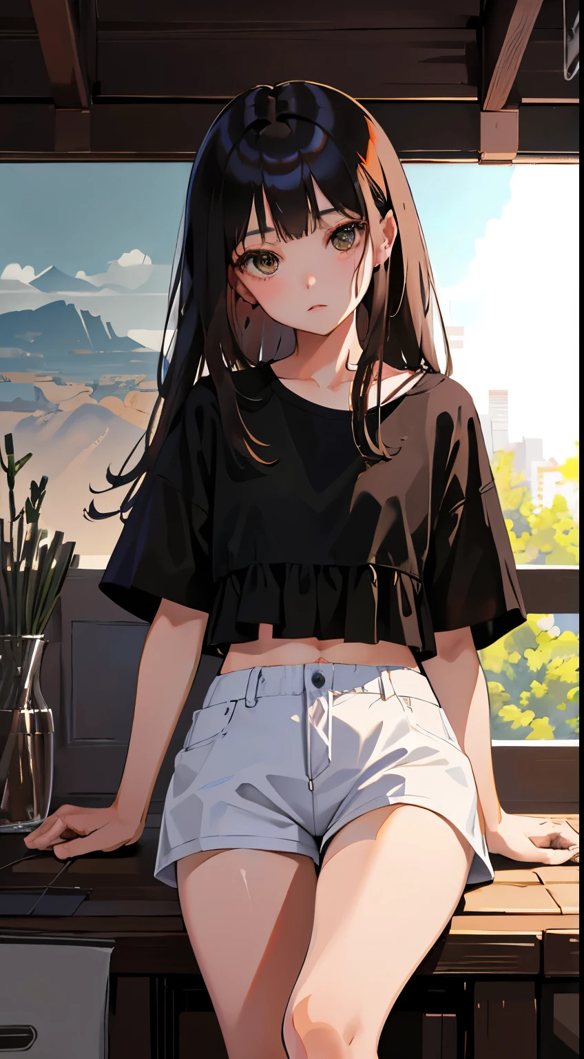 Overlooking，highest quality，Beautiful face in every detail，cute，Dark brown eyes，(背の低いcute女の子， young studeg delicate girl）,（masterpiece，Top quality)，Black Hair，Sleepy expression，Crop Top Look，Black Shirt，Shorts