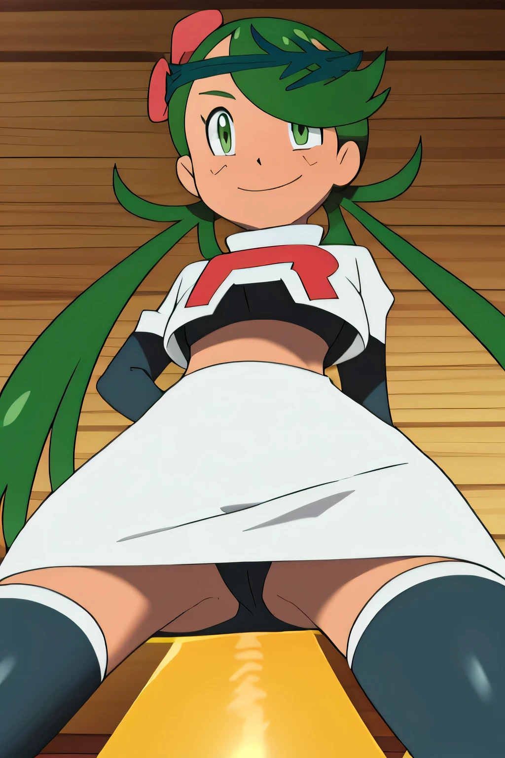 masterpiece,best quality,high res,high quality,8k, masterpiece,highres, team rocket uniform, red letter r, white skirt,white crop top,black thigh-high boots, black elbow gloves, evil smile, looking down at viewer, hands on hips, cowboy shot, zettai ryouiki,spread legs,from below, black panties,anime style, vivid colors, sharp focus, intense lighting,defMallow, dark skin, hair flower, hair ornament,twintails, green hair
