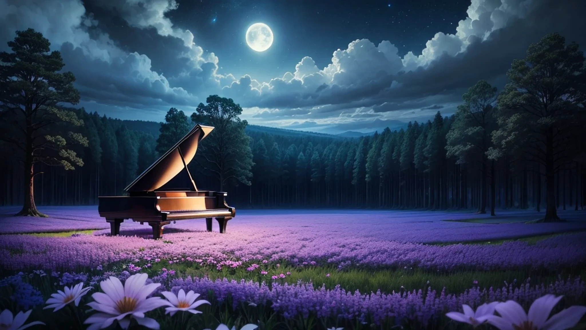 A grand piano in a forest flower field during blue hour with magnificent clouds and moonlight.