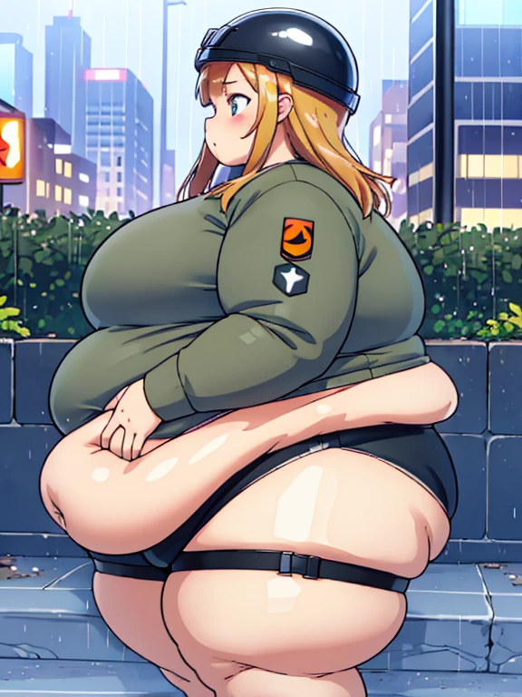 Massively obese orange tactical soldier girl, fat rolls, short brown hair, (obese belly):1.5, (obese thighs):1.5, bbw, side view, wide hips, huge ass, ussbbw, (soldier helmet):1.2 extremely chubby, BREAK cityscape, night, mud, rain,