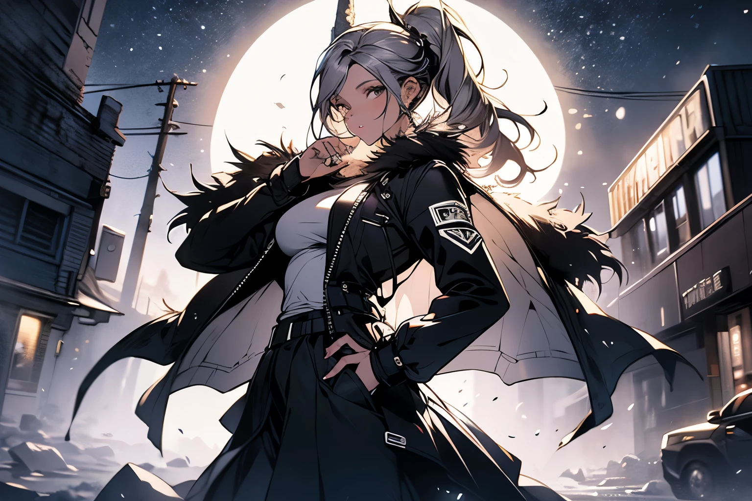 Original photo, best quality, full body photo), (Realistic, photo fidelity: 1.3), (Extremely delicate and beautiful: 1.1) 1 woman chiseled physique and wide hips, leggings, pleated skirt, sports top, high ponytail, high boots, long fur jacket, on a hazy moonlit night in a ghost town, monochrome style, line art, detailed face, detailed eye's, detailed lips, wide hips