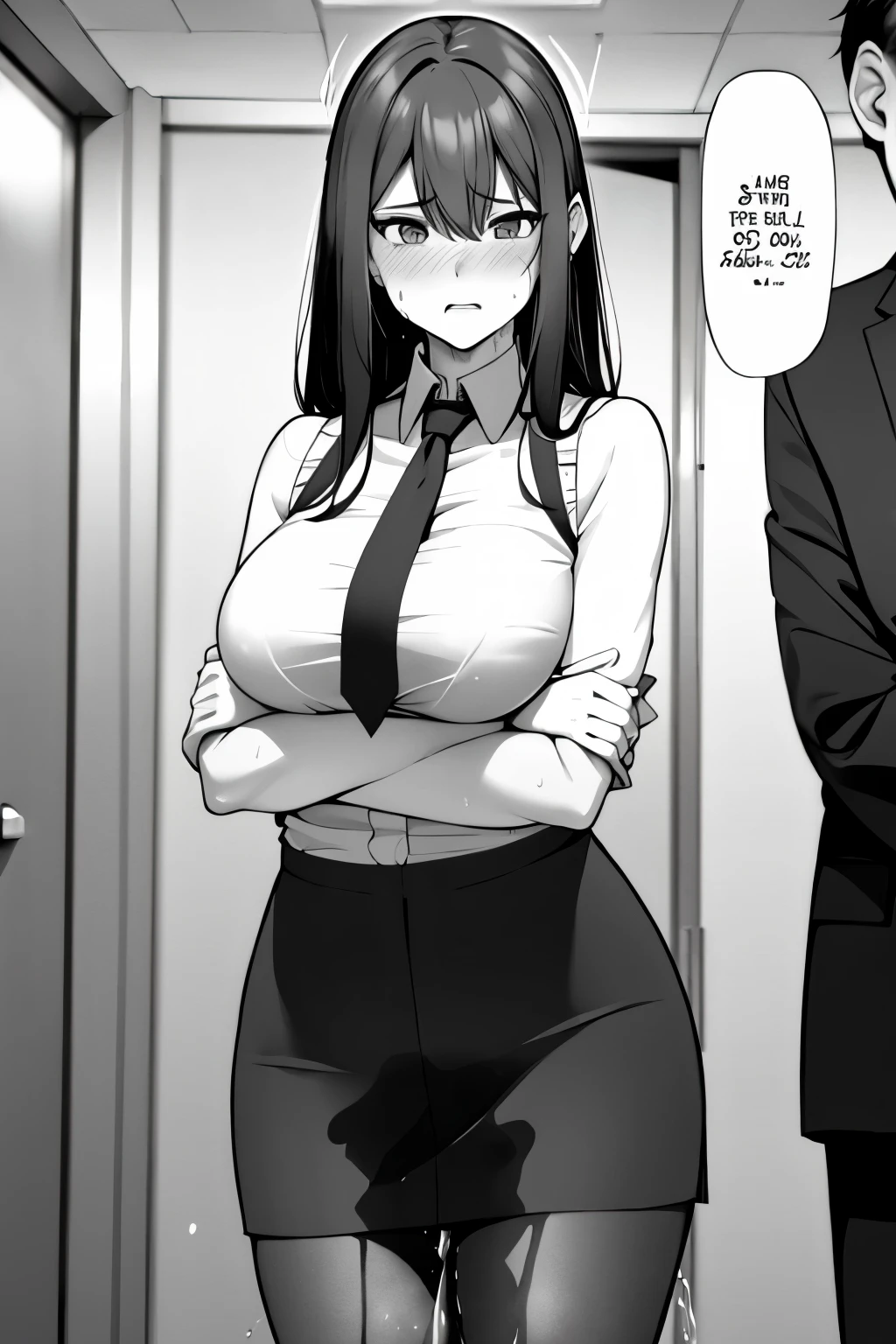 A woman with long black hair, wearing a business outfit consisting of a suit, pencil skirt, and pantyhose, stands in a monochrome setting. The artwork is inspired by manga and incorporates a doujin style. The woman appears to be (wetting herself:1.5), which causes her to feel embarrassed and humiliated, resulting in a blush on her face. In addition, there is an air of anger in her expression. The lighting in the scene is moody, with a spotlight highlighting the woman's figure. She is crossing her arms, (arms crossed:1.5), fully showcasing her skirt., medium breasts