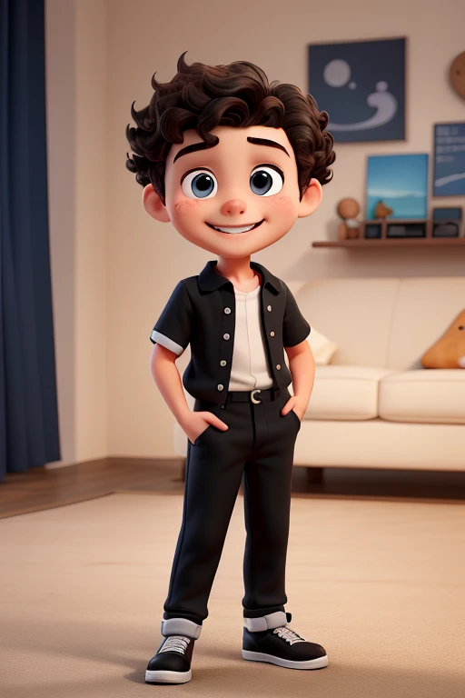 creates white  boy oval face dark circles small round nose black curly hair blue eyes smile with black jumpsuit long white manga blouse