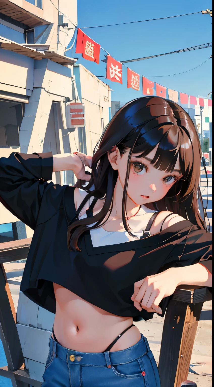 Overlooking,highest quality,Beautiful face in every detail,cute,Dark brown eyes,(背の低いcute女の子, young studeg delicate girl),(masterpiece,Top quality),Black Hair,Sleepy expression,Crop Top Look,Black Shirt,Shorts