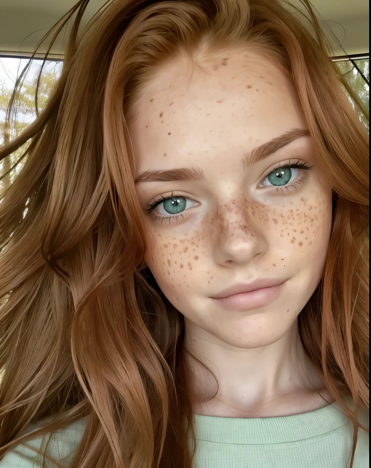 ginger hair, wavy long hair, big green aqua eyes, just face, cute slim girl, with freckles