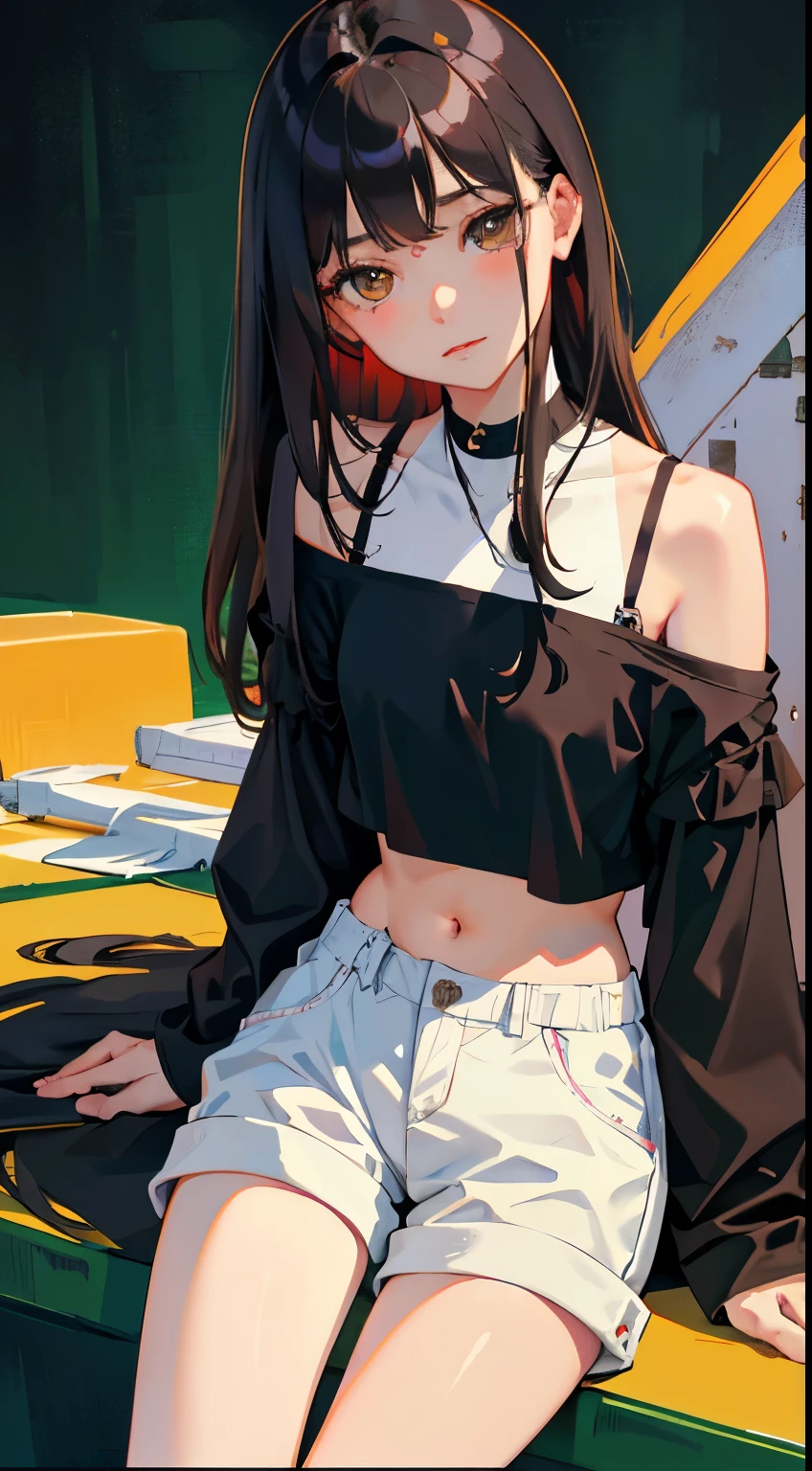 Overlooking,highest quality,Beautiful face in every detail,cute,Dark brown eyes,(背の低いcute女の子,Small young student,Young delicate girl),(masterpiece,Top quality),Black Hair,Sleepy expression,Crop Top Look,Black Shirt,Shorts
