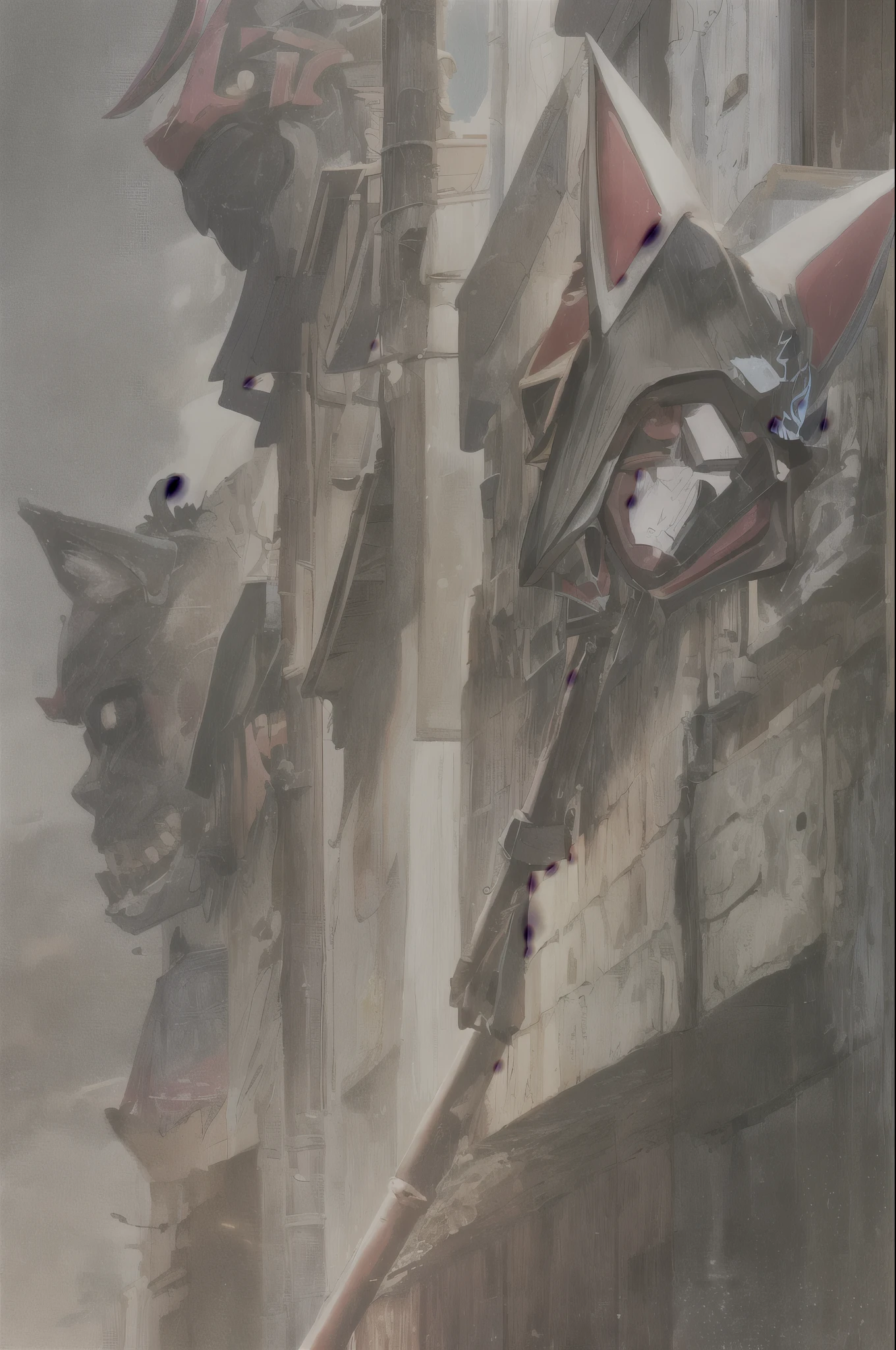 masterpiece, best quality, 1boy, ninja,ninja gaiden black,short gloomy katana in left hand,closed mouth, green eyes, helmet,spectral skull around giant shuriken in right hand, looking in the camera,scrolls on the waist,wolf mask, solo, full body, sketch,reproid from megaman zero