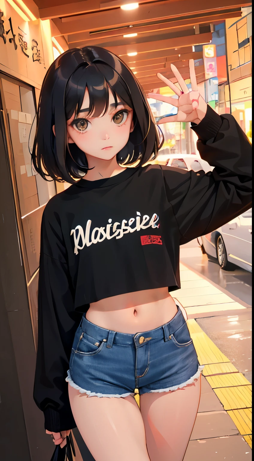 Overlooking，highest quality，Beautiful face in every detail，cute，Dark brown eyes，(背の低いcute女の子，Small young student，Young delicate girl）,（masterpiece，Top quality)，Black Hair，Sleepy expression，Crop Top Look，Black Shirt，Shorts