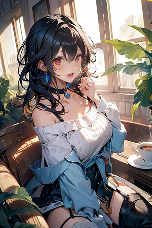 masterpiece, yor, 1girl, Amazing Cleavage:1.3, thin waist, big ass, Raised sexy, medium breast: 1.3 posed cleavage:1.2、solo, looking at viewer, open mouth, have a cup of coffee,black hair, red eyes, dress, bare shoulders, jewelry, collarbone, sidelocks, hairband, earrings, indoors, off shoulder, :o, sweater, arms behind back, plant, short hair with long locks, white hairband, off-shoulder dress, sweater dress, off-shoulder sweater, red sweater, big side hair, very long side hair,is rendered in (masterpiece: 1.2, best quality), with (ultra high resolution) and an exquisite (depth of field). This masterpiece is not only visually stunning but also tells, make of cooking some cakes ,in the kitchen,open mouth smile((leather thigh high boots))(garter belt),((black hair)),blush、surprised face,