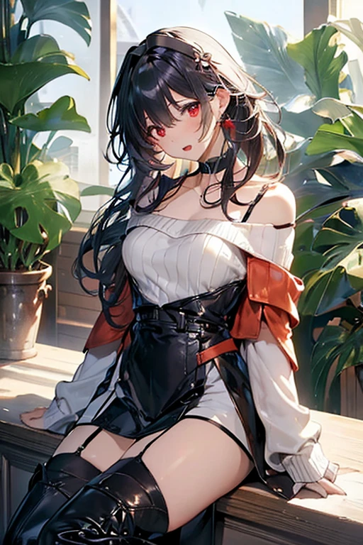 masterpiece, yor, 1girl, Amazing Cleavage:1.3, thin waist, big ass, Raised sexy, medium breast: 1.3 posed cleavage:1.2、solo, looking at viewer, open mouth, have a cup of coffee,black hair, red eyes, dress, bare shoulders, jewelry, collarbone, sidelocks, hairband, earrings, indoors, off shoulder, :o, sweater, arms behind back, plant, short hair with long locks, white hairband, off-shoulder dress, sweater dress, off-shoulder sweater, red sweater, big side hair, very long side hair,is rendered in (masterpiece: 1.2, best quality), with (ultra high resolution) and an exquisite (depth of field). This masterpiece is not only visually stunning but also tells, make of cooking some cakes ,in the kitchen,open mouth smile((leather thigh high boots))(garter belt),((black hair)),blush、surprised face,