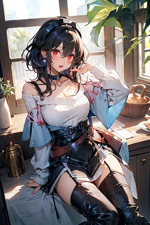masterpiece, yor, 1girl, Amazing Cleavage:1.3, thin waist, big ass, Raised sexy, medium breast: 1.3 posed cleavage:1.2、solo, looking at viewer, open mouth, have a cup of coffee,black hair, red eyes, dress, bare shoulders, jewelry, collarbone, sidelocks, hairband, earrings, indoors, off shoulder, :o, sweater, arms behind back, plant, short hair with long locks, white hairband, off-shoulder dress, sweater dress, off-shoulder sweater, red sweater, big side hair, very long side hair,is rendered in (masterpiece: 1.2, best quality), with (ultra high resolution) and an exquisite (depth of field). This masterpiece is not only visually stunning but also tells, make of cooking some cakes ,in the kitchen,open mouth smile((leather thigh high boots))(garter belt),((black hair)),blush、surprised face,