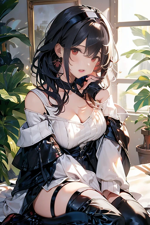 masterpiece, yor, 1girl, Amazing Cleavage:1.3, thin waist, big ass, Raised sexy, medium breast: 1.3 posed cleavage:1.2、solo, looking at viewer, open mouth, have a cup of coffee,black hair, red eyes, dress, bare shoulders, jewelry, collarbone, sidelocks, hairband, earrings, indoors, off shoulder, :o, sweater, arms behind back, plant, short hair with long locks, white hairband, off-shoulder dress, sweater dress, off-shoulder sweater, red sweater, big side hair, very long side hair,is rendered in (masterpiece: 1.2, best quality), with (ultra high resolution) and an exquisite (depth of field). This masterpiece is not only visually stunning but also tells, make of cooking some cakes ,in the kitchen,open mouth smile((leather thigh high boots))(garter belt),((black hair)),blush、surprised face,

