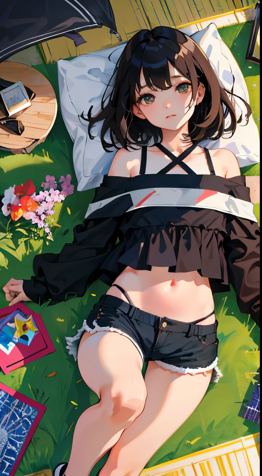 Overlooking，highest quality，Beautiful face in every detail，cute，Dark brown eyes，(背の低いcute女の子，Small young student，Young delicate girl）,（masterpiece，Top quality)，Black Hair，Sleepy expression，Crop Top Look，Black Shirt，Shorts