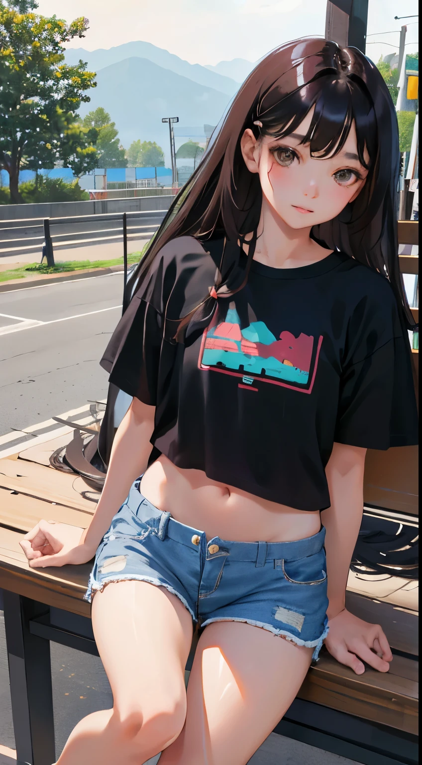 Overlooking,highest quality,Beautiful face in every detail,cute,Dark brown eyes,(背の低いcute女の子,Small young student,Young delicate girl),(masterpiece,Top quality),Black Hair,Sleepy expression,Crop Top Look,Black Shirt,Shorts