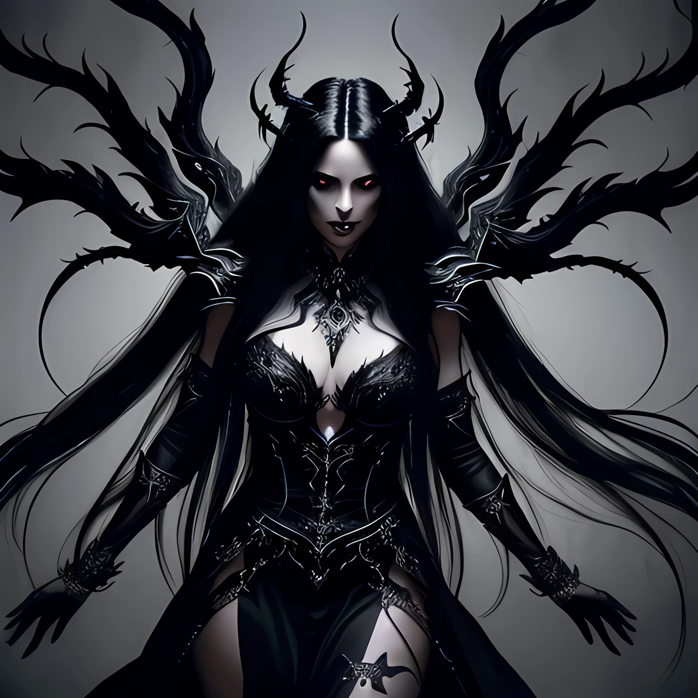 a close up of a woman with long black hair and a black dress, dark goddess with six arms, beautiful elegant demon queen, dark fantasy style art, dark fantasy art, queen of darkness, gothic maiden of the dark, gothic fantasy art, dark fantasy character design, in style of dark fantasy art, dark demonic dancer, dark goth queen, white horns queen demon