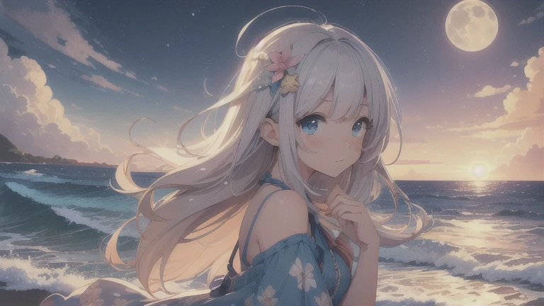 ((highest quality)), ((masterpiece)), (detailed), Perfect Face, anime, kawaii, girl, face up, summer clothes, night, moon, bright, tropical, coast, waves,