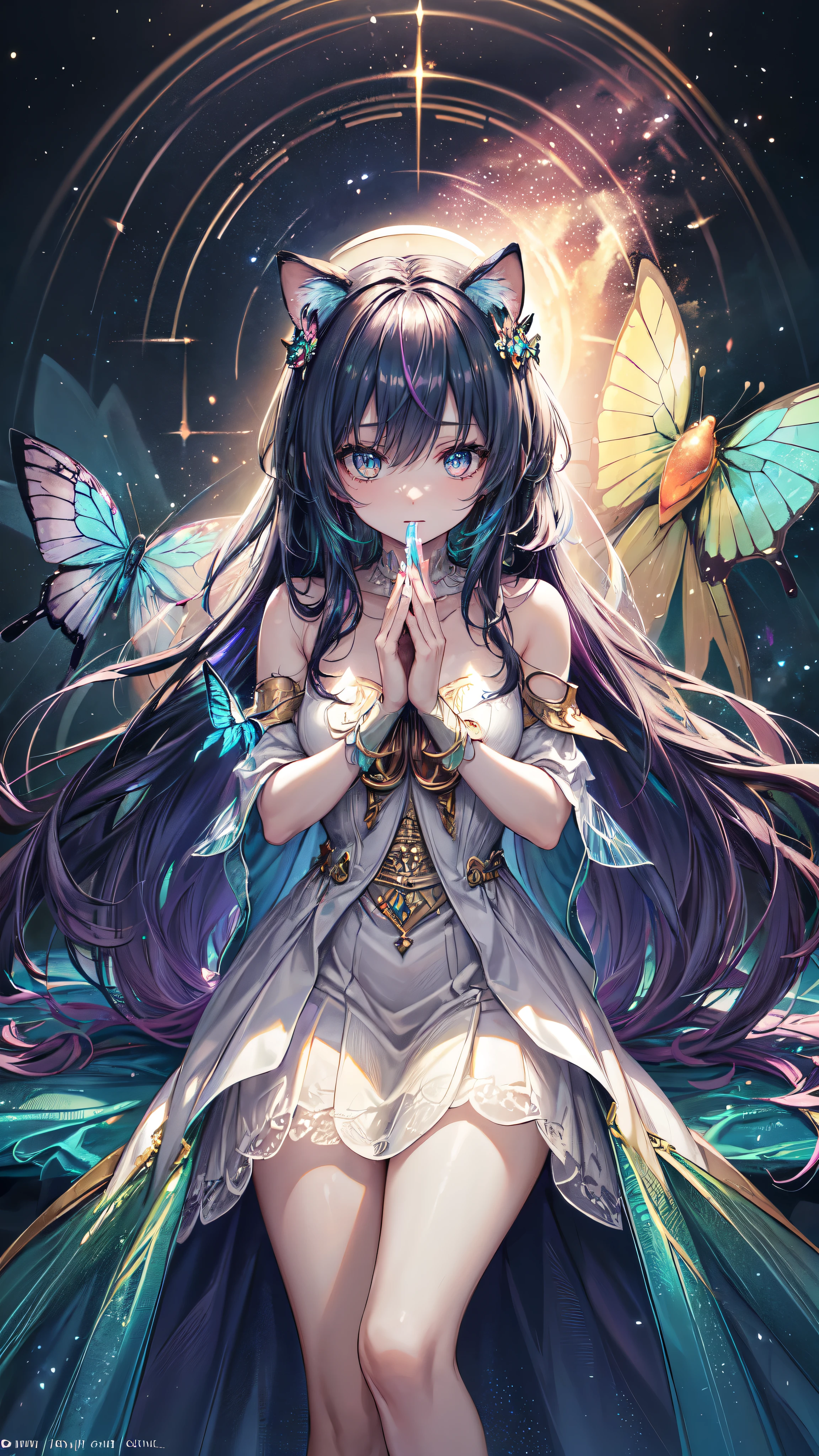 (((masterpiece))), (((best quality))), ((ultra-detailed)),(highly detailed CG illustration), ((an extremely delicate and beautiful)),cinematic light, Create a stunning fantasy artwork that mimics the style of currently trending masters of the genre. The art piece should contain elements of both mythic fantasy and fairytale fantasy with colorful rainbow accents and dark jewel-toned hues. ((Utilize the rainbow as the main color scheme.)) The character in the artwork is a delicate but strong figure with an aura of mystery and magic. Pay close attention to intricate facial features, such as mesmerizing eyes with vibrant colors and bold shading. The character's clothing should be designed with gossamer feathers, silk, stunning embroidery, and subtle iridescent details. Incorporate (((translucent iridescent rainbows))), dreamy colors, dynamic lighting, and detailed background elements to create a sense of awe and immersion. ((Include colorful flying magical birds and jewel-toned rainbow butterflies radiating a magical aura.)) Consider the latest trends in fantasy art, such as incorporating unique lighting effects, exploring dynamic and compelling composition techniques, and experimenting with unique color palettes. Take inspiration from the top artists on ArtStation and Midjourney. Camera: Choose an angle that highlights the character's beauty and enhances the magical majesty of the artwork. Lighting: Utilize atmospheric lighting techniques to create depth and mood. Resolution: Aim for a high-resolution artwork to showcase intricate details and clarity. Art Inspirations: Seek inspiration from the trending artists on ArtStation, exploring different styles, genres, and themes., detailed face, detailed eyes, detailed hands,