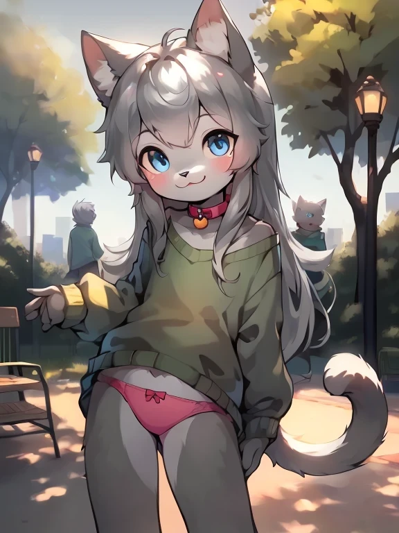anthro boy cat, long hair, cat tail, solo, furry, furry boy, 1boy, :3, cat smile, (girly, young, gray fur, gray body, blue eyes, gray hair:1.2), (panties, green sweater), (detailed background, park, day, summer, gray background), pose, bow collar