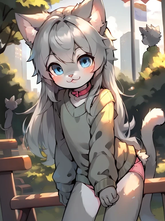 anthro boy cat, long hair, cat tail, solo, furry, furry boy, 1boy, :3, cat smile, (girly, young, gray fur, gray body, blue eyes, gray hair:1.2), (panties, green sweater), (detailed background, park, day, summer, gray background), pose, bow collar