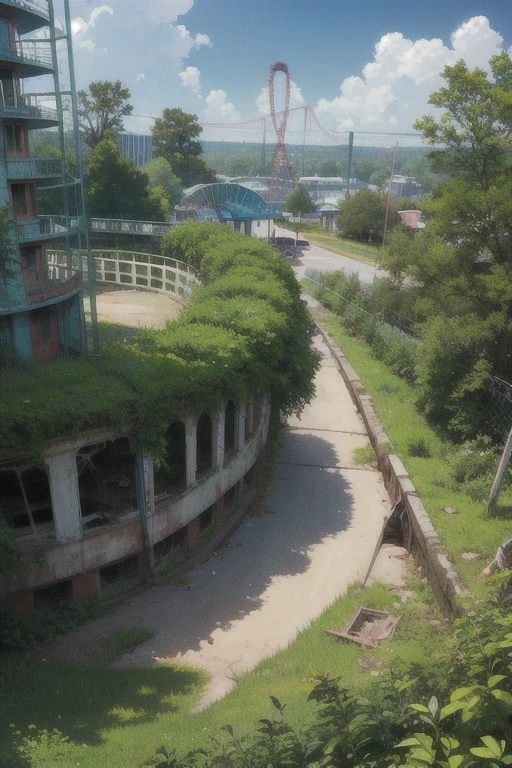 Overgrown plant life, abandoned amusement park ruins, sky view,