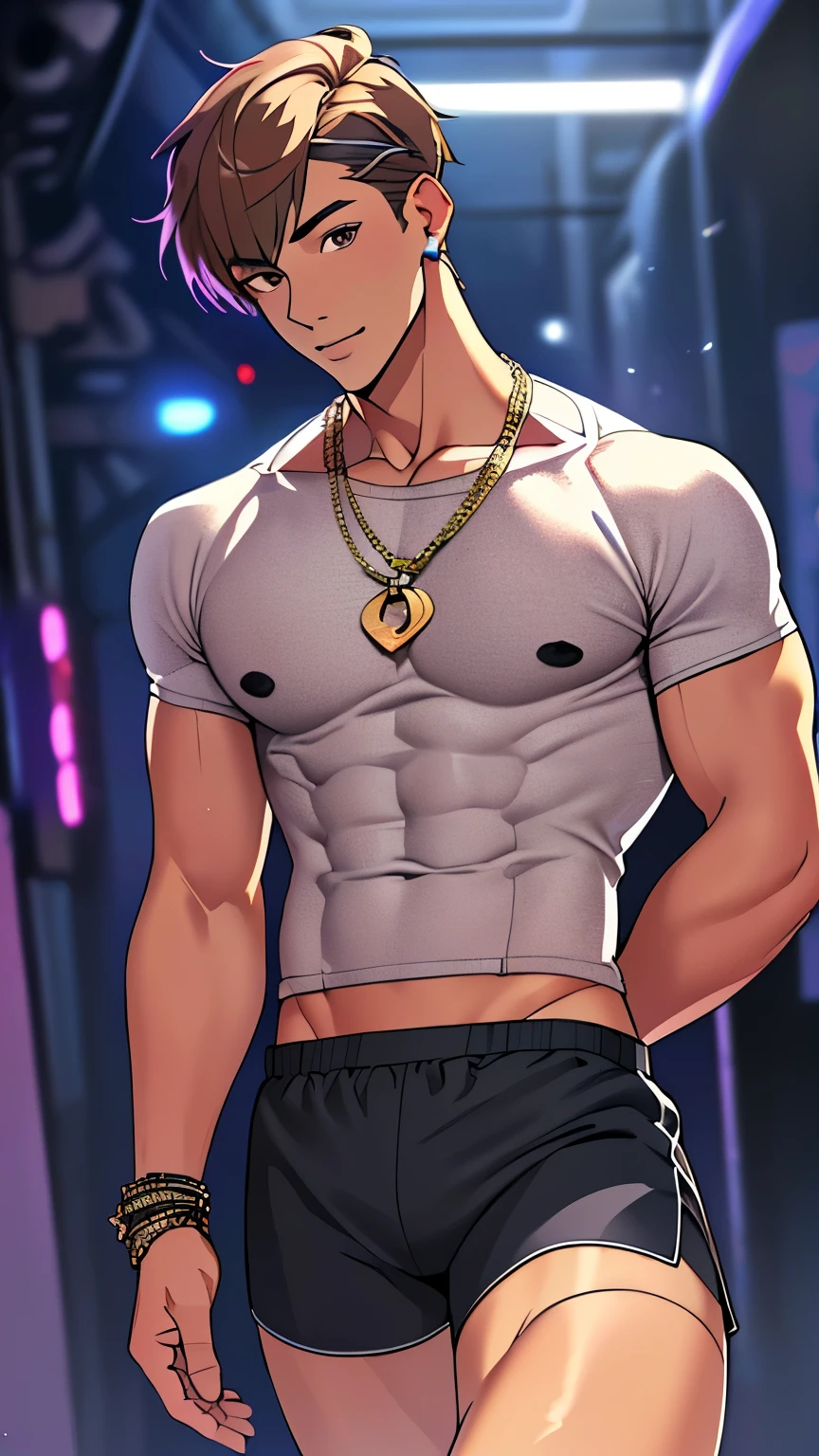 (masterpiece, top quality, Best quality, official art, beautiful and aesthetic:1.2), BOY, legs spread,Bare legs, handsome, (perfect face), shiny skin, HDR, cantoella, very detailed dress, detailed background, detailed body , cute, slutty, seductive, erotic, (((NFV))), revealing clothes, ((rave mini shorts with a big bulging codpiece
