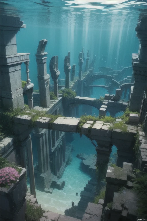 Overgrown sea life, sunken Atlantis ruins, seaweed, fish, coral, sjarks, bottom of the sea,