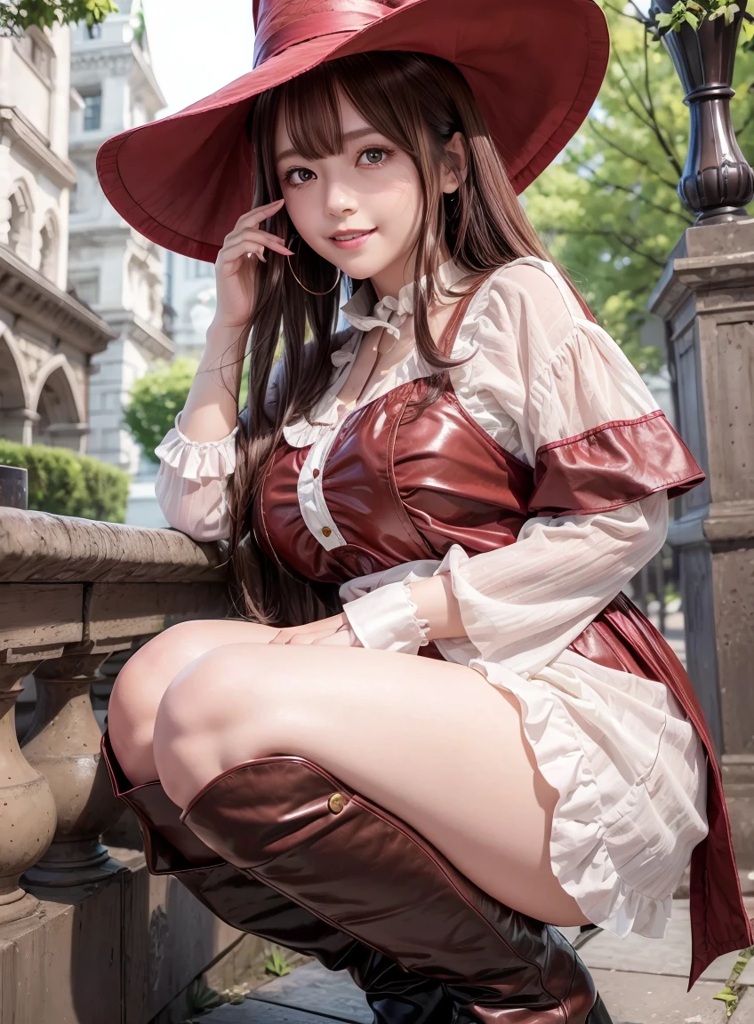 (highest quality:1.3), Highly detailed CG Unity 8k wallpaper, 32K, Realistic, Ultra-high resolution RAW photos, Beautiful and clear face, White skin, Real Skin, Beautiful and sophisticated eyes、Finely textured fabric, Detailed hair texture, Perfect body, Beautiful Features, Accurate fingering, Anatomically correct, Extremely detailed skin texture, One Girl, cute,Brown Hair、Curly Hair、((Red eyes、Droopy eyes:1.2))、Shiny and smooth hair, Thick bangs、(Bright smile:1.2), Witch Costume、Big hat、Knee-high boots、