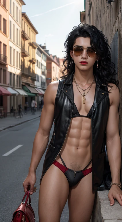 (absurdres, highres, ultra detailed, HDR), masterpiece, best quality, Character handsome 18 years old young boy with black wavy hair, leaning against the terrace wall , wearing (only Thong), earring and necklace, wearing open vest, red lips, angry eyebrowse, with sunglasses and shoes, street background, hd, high quality