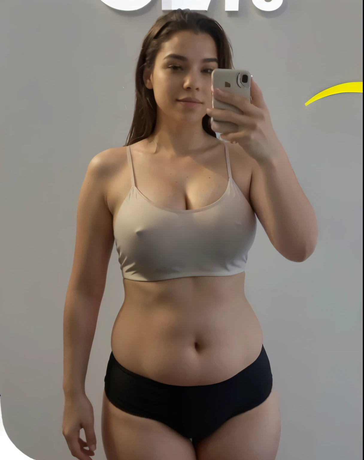 Woman in bikini taking selfie with cell phone, foto de garota magra, foto adequada, her belly is fat and round, ela tem uma barriga redonda e gorda, corte de meio corpo, grosso, visible belly, Corpo esguio, cintura fina e quadris grossos, barriga exposta, woman is curved, dobras de flacidez abdominal