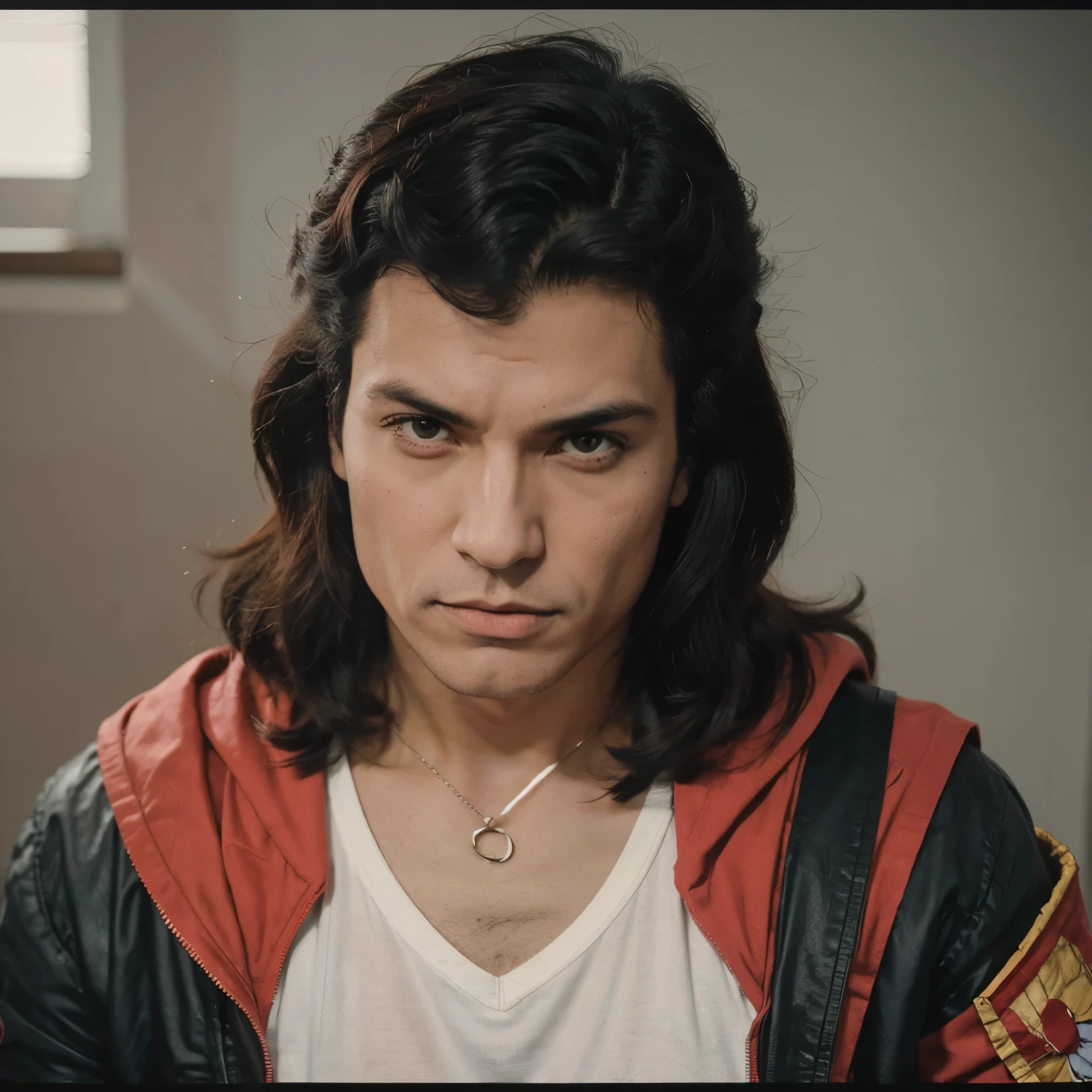 hombre de anime de los 80 con cabello corto alborotado, barba, lentes redondos, with small vampire quotes, de tes clara, atractivo, fondo urbano de anime, por el artista "anime gundam", Anime Key Visual, Japanese Gundam Manga, Pixiv, Zerochan, Anime art , Fantia "