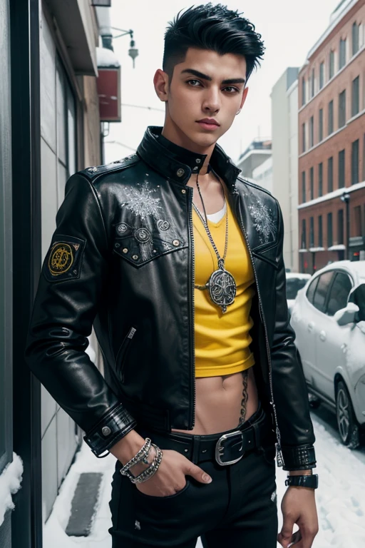 Jim Walker 20-year-old boy with open black jacket, blue t-shirt with snow print, short black hair, punk style, yellow locks, black jeans, green eyes, black leather belt, silver buckle, slim muscular build, cross medallion, silver bracelet, looking straight at the viewer