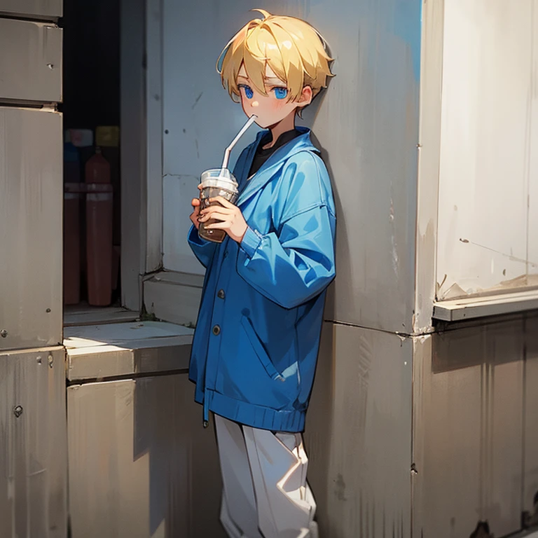 Picture a boy with blue eyes and blonde hair drinking a milk shake on the street standing against a wall